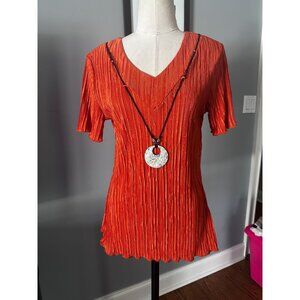 Orange pleated stretchy v neck top with attached necklace Child size 16 fits XS/